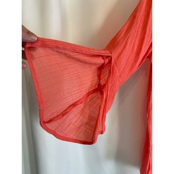 Zac & Rachel Crochet Trim Neck Slit Sleeve Blouse Bright Coral Women's Size L - Picture 3 of 6